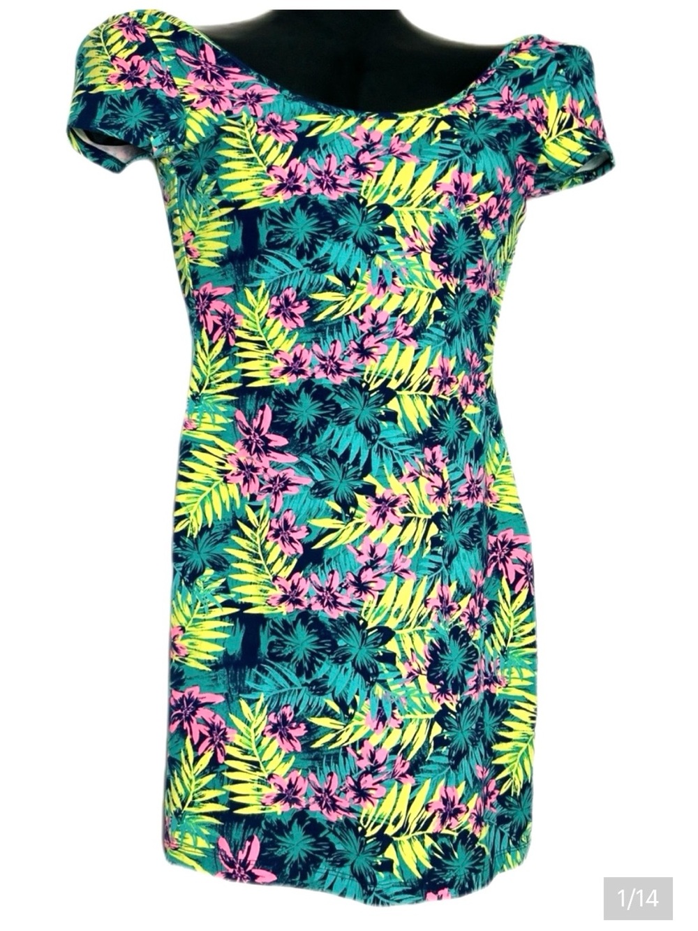 Charlotte Russe Tropical Off-Shoulder Mini Dress in Teal, Neon Yellow & Pink